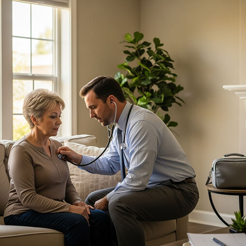 Male clinician uses a digital forehead thermometer on a patient on a sofa.