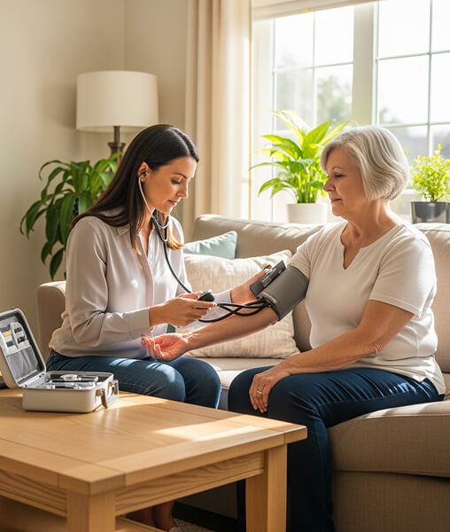 Female physician checks an older woman’s blood pressure at home.