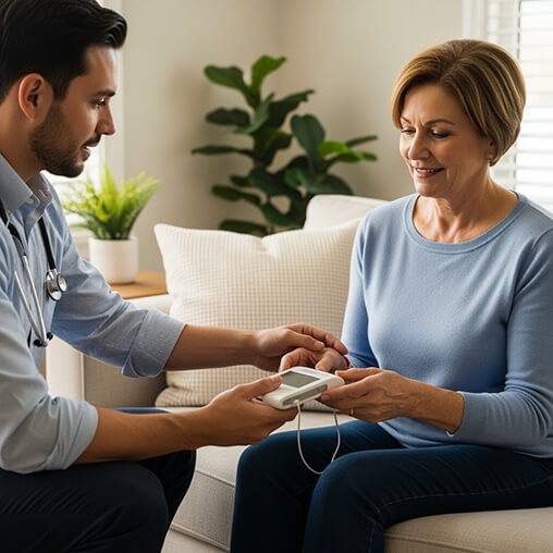 Clinician places a pulse-oximeter on a patient’s finger during a home visit.