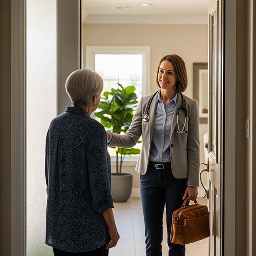 Female doctor arrives for a house call, greeting an older adult at the front door with a small medical bag.