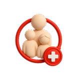 Family encircled by a red stethoscope with a medical-cross badge.