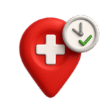 Medical location pin with a clock checkmark.