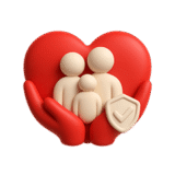 Heart-shaped hands holding a family with a shield check.