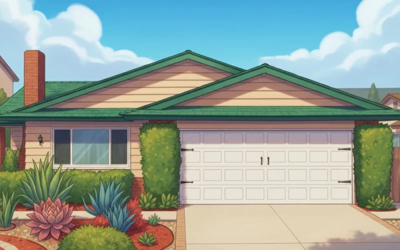 Exterior view of Leisure Living assisted home in Agoura Hills, featuring a single-story residence with a green roof, desert landscaping, and a peaceful suburban setting