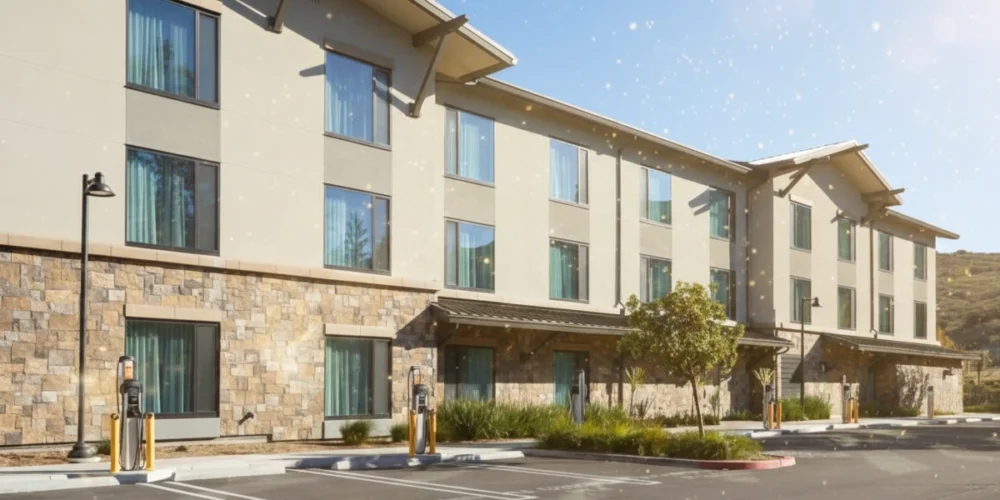 Exterior view of TownePlace Suites Thousand Oaks Agoura Hills with stone façade, large windows, and EV charging stations under sunny California sky.