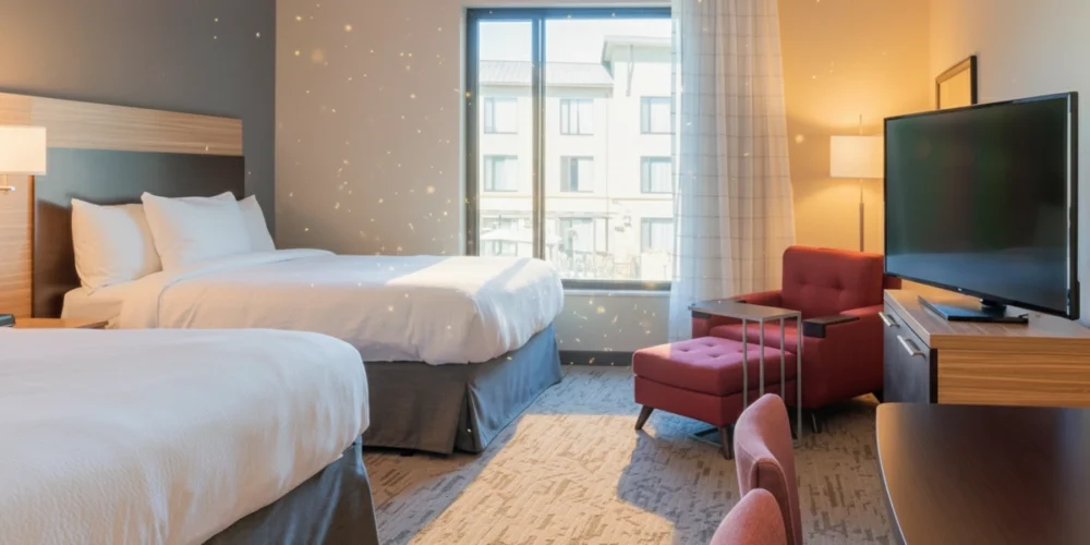 Spacious guest room at TownePlace Suites Thousand Oaks Agoura Hills featuring two queen beds, red armchair, and large window with natural light.