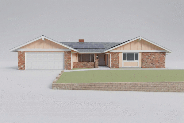 AI-generated 3D front view of a single-story ranch house with two white gables, gray shingle roof and solar panels, peach siding, red brick facade, white garage door on the left, recessed central entry, large right-side window, and a low retaining wall with flat lawn on a neutral studio background.