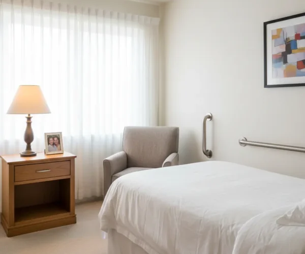 Bright private bedroom in a small senior care home with bed, armchair, bedside table and safety grab bar.