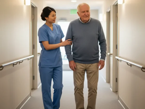 Caregiver gently supporting an older adult while walking down a hallway with handrails in a senior care home.