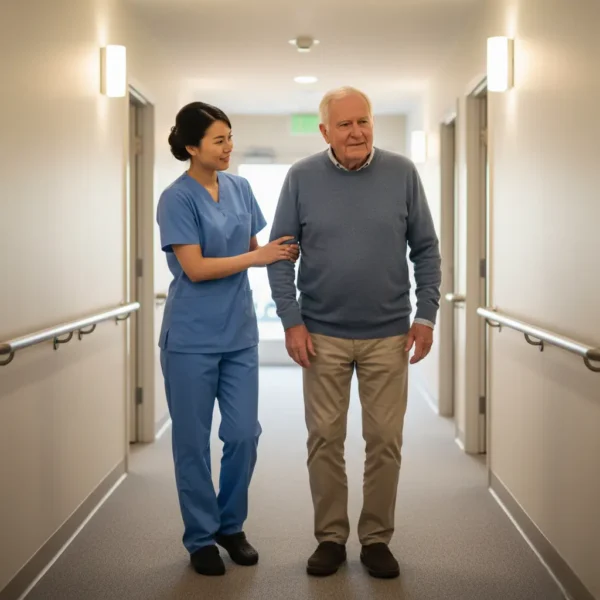 Caregiver gently supporting an older adult while walking down a hallway with handrails in a senior care home.