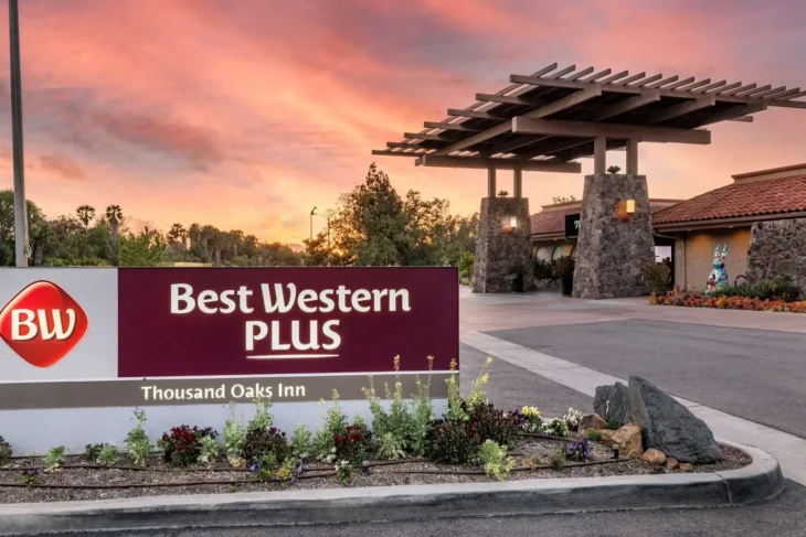 bestwestern_thousandoaks_sign_exterior Hotel entrance sign for Best Western Plus Thousand Oaks Inn during sunset.
