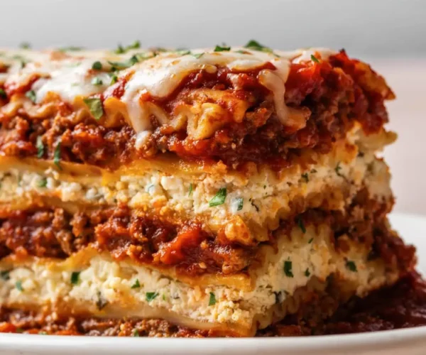 Close-up of layered meat lasagna with ricotta and melted cheese, topped with herbs.