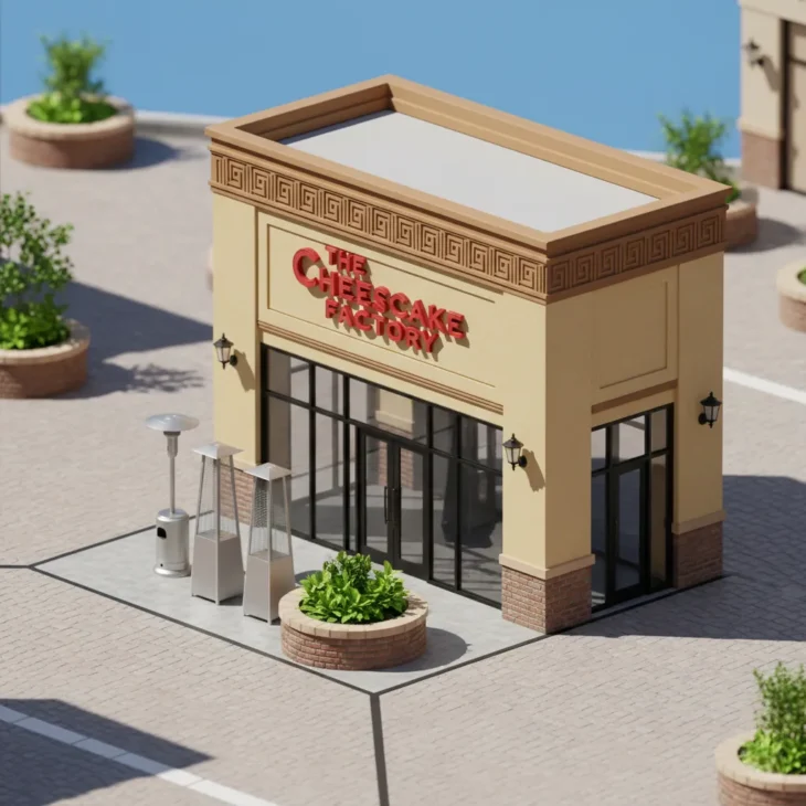 cheesecake-factory-thousand-oaks-3d-building-model 3D isometric model of The Cheesecake Factory building at an outdoor mall with glass doors, patio heaters and round planters