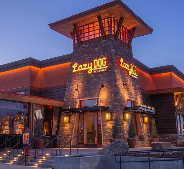 Exterior view of Lazy Dog Restaurant & Bar in Thousand Oaks at dusk