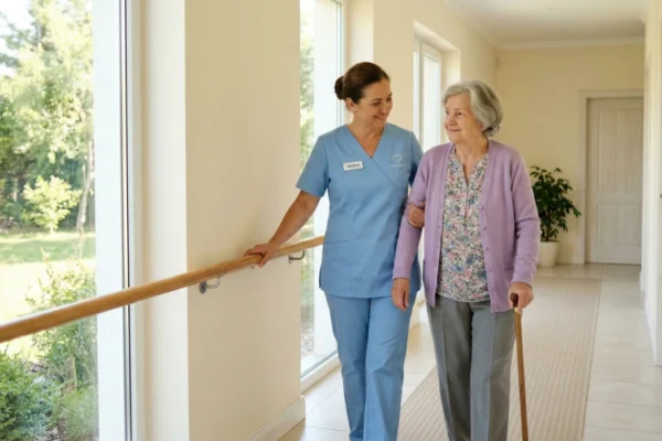 A bright, high-key interior shot of a sunlit hallway with large floor-to-ceiling windows on the left overlooking a garden. A female caregiver in light blue scrubs (with a name tag reading "MARIA") is smiling and gently supporting an elderly woman in a lavender cardigan. The senior is walking with a wooden cane. The scene features clean white walls, a polished wooden handrail, and soft, diffused natural light that emphasizes a warm, safe, and professional care environment.