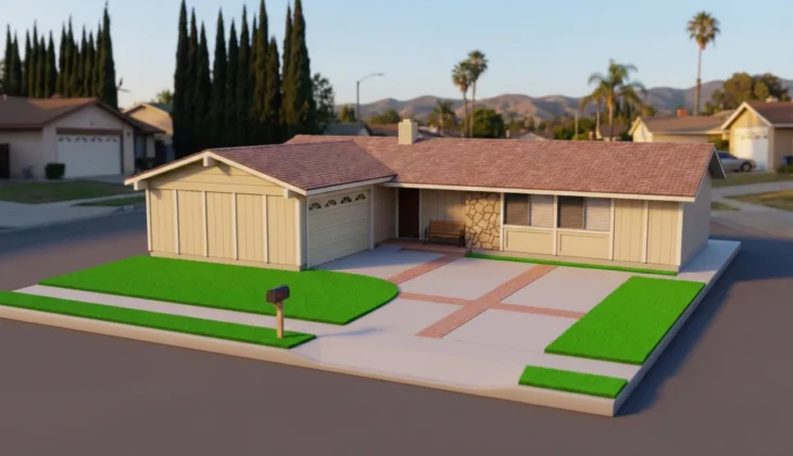 3d-figurine-california-ranch-house 3D miniature model of a California ranch house with front lawn, brick driveway, and mailbox on a suburban street.