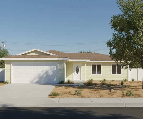 Exterior view of a single-story, light yellow residential care home with a white garage and desert landscaping in Thousand Oaks, California.