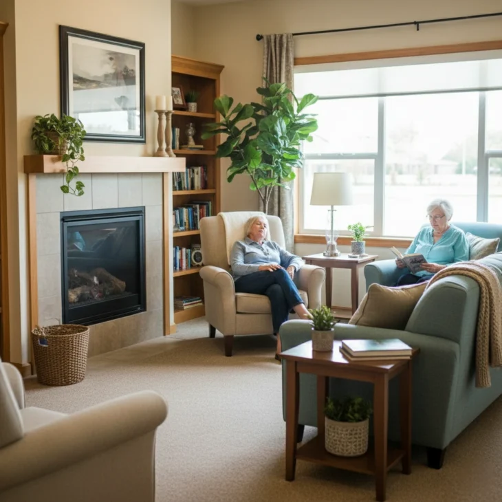 applegate-dorado-shared-living-room-assisted-living Comfortable shared living room at Applegate @ Dorado where residents relax in armchairs in a calm, home-like assisted living environment