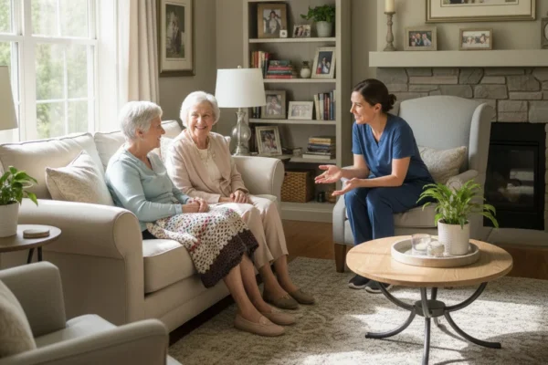 Caregiver speaking with two elderly residents in a cozy living room at Applegate @ Drummond Place in Thousand Oaks