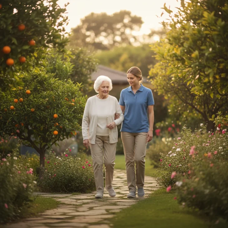 applegate-drummond-place-garden-walk-caregiver-resident Caregiver walking alongside an elderly resident through the garden at Applegate @ Drummond Place
