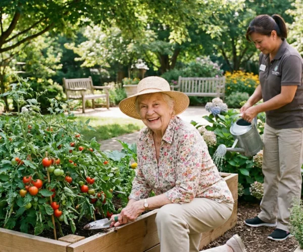 Older woman gardening with staff support in the outdoor area at Array Assisted Living