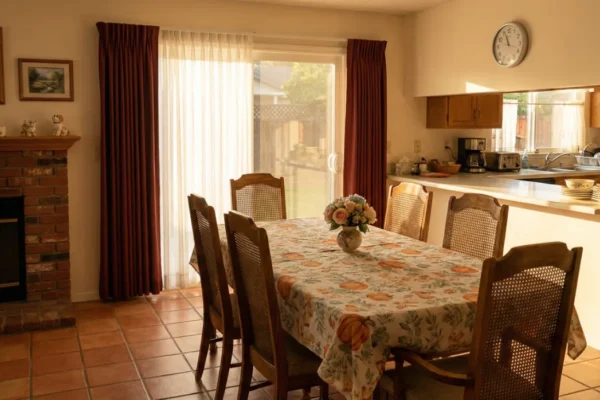 Warm dining room in an assisted living home with pumpkin-print tablecloth, brick fireplace, and open kitchen pass-through.