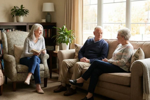 Older adults sitting together in a comfortable living room, talking and reading in a calm, home-like board and care environment with natural light.
