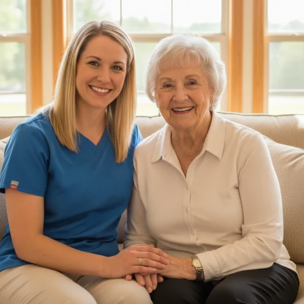A smiling female caregiver in blue scrubs holding hands with a happy elderly female resident while sitting together on a beige sofa, demonstrating compassionate assisted living care.
