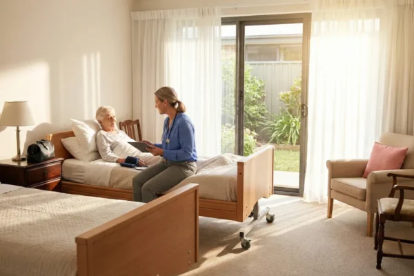 Doctor visiting an older woman in a bright assisted living bedroom, checking her health beside a bed near sliding doors.