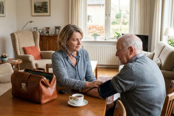 Doctor conducting a home visit for an older adult, checking blood pressure at a dining table in a private residential care setting.
