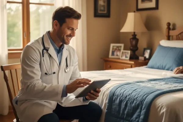 A doctor in a white coat smiles as he uses a tablet during a home visit in a patient's bedroom, representing the Doctor2me service.