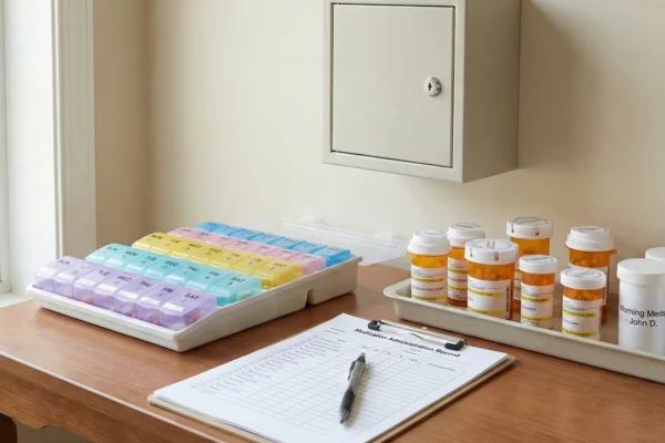Medication management station with pill organizers, prescription bottles, and medication administration records in a residential elderly care home.