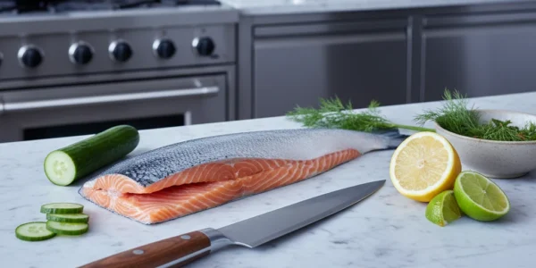 Fresh salmon fillet prepared with citrus and herbs in a modern kitchen, highlighting omega-3 rich ingredients