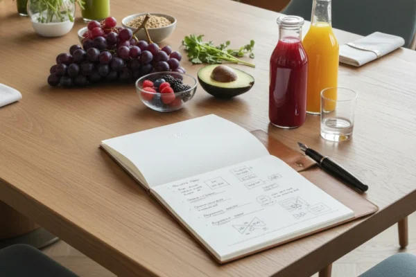 Functional nutrition planning setup with fresh fruits, juices, and handwritten dietary notes on a dining table
