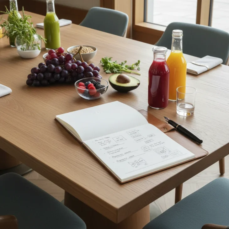 functional-nutrition-meal-planning-table-fruit-juices Functional nutrition planning setup with fresh fruits, juices, and handwritten dietary notes on a dining table