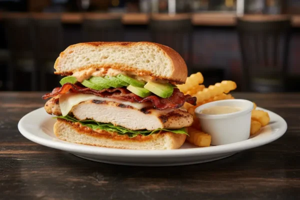 A large grilled chicken sandwich cut in half, layered with avocado, bacon, cheese, and lettuce, served with a side of crinkle-cut fries and dipping sauce.