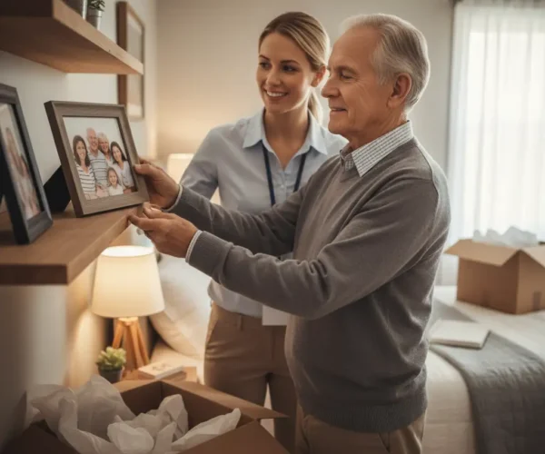 An elderly man holds a framed family photo while a smiling female assistant helps him unpack boxes in a bedroom, illustrating Senior Home Transitional Services.