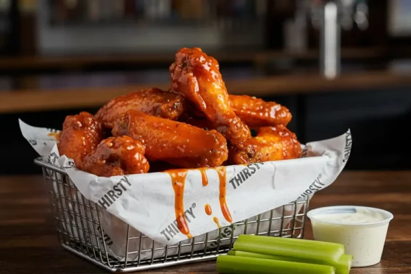 A wire basket filled with spicy buffalo chicken wings dripping in sauce, served with fresh celery sticks and a side of creamy ranch dressing.