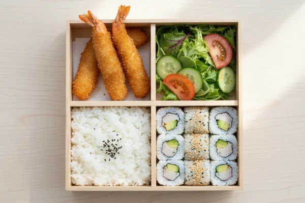 Japanese bento box with shrimp tempura, sushi rolls, white rice, and fresh salad served at Sumo Japanese Restaurant