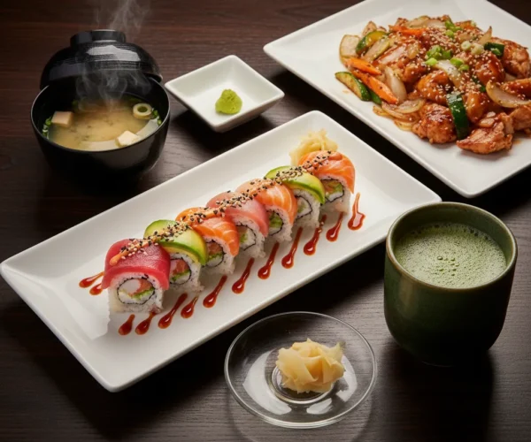 Sushi rolls with salmon and tuna, miso soup, and a hot Japanese entrée served on white plates at Sumo Japanese Restaurant