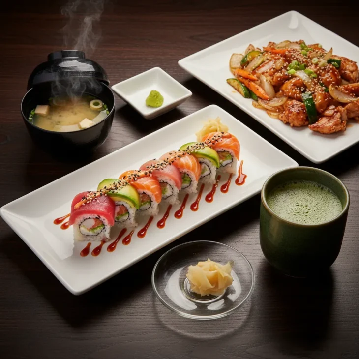 sumo-japanese-restaurant-sushi-miso-hot-dish Sushi rolls with salmon and tuna, miso soup, and a hot Japanese entrée served on white plates at Sumo Japanese Restaurant