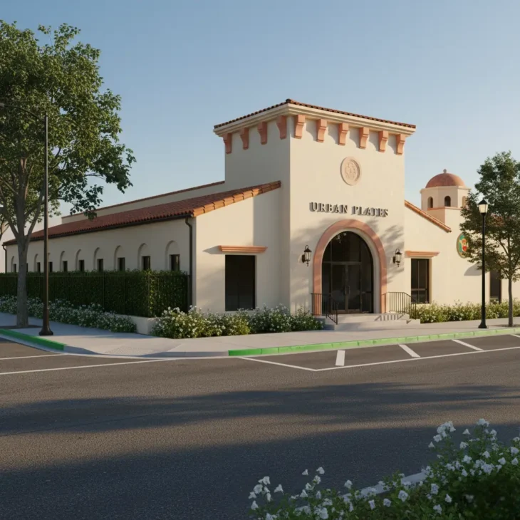 urban-plates-restaurant-exterior-3d-render 3D rendered exterior of Urban Plates restaurant with Spanish-style facade and evening light