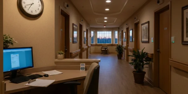 Assisted living hallway with staffed care desk and wall clock, illustrating 24-hour supervision and continuous on-site monitoring