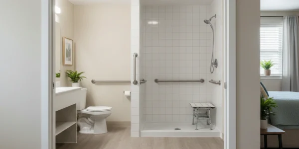 Barrier-free assisted living bathroom with grab bars and wheelchair-accessible walk-in shower designed for residents with limited mobility