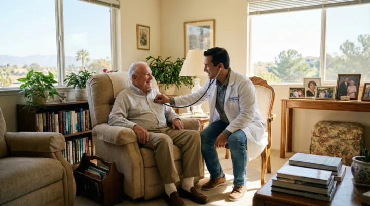 assisted-living-in-home-doctor-visit-senior-care Doctor providing in-home medical check-up for an older adult in a residential assisted living setting