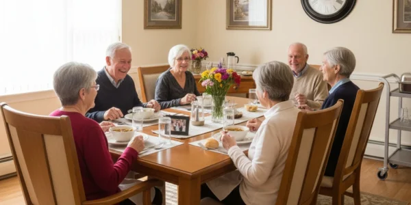 Small group of older adults sharing a meal together in an assisted living home, highlighting social connection and daily interaction