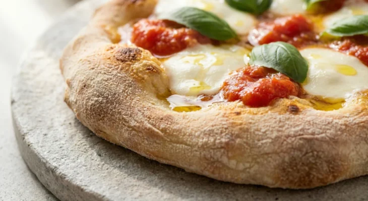 authentic-pinsa-romana-crust-texture-westlake-village An extreme close-up with a shallow depth of field focusing on the porous, bubbly texture of a handcrafted Pinsa Romana crust. Crisp side-lighting creates high contrast, emphasizing the charred edges and the glistening sheen of fresh olive oil on melted mozzarella and vibrant red sauce. The warm, rustic tones of the stone plate contrast sharply with bright green basil leaves.