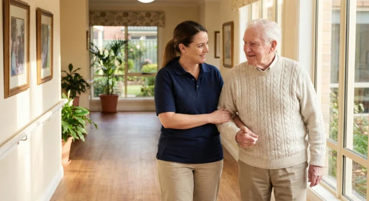 blessed-homecare-caregiver-assisted-walking-elderly Caregiver from Blessed Homecare, Inc. assisting an older adult man with walking support in a residential care setting.