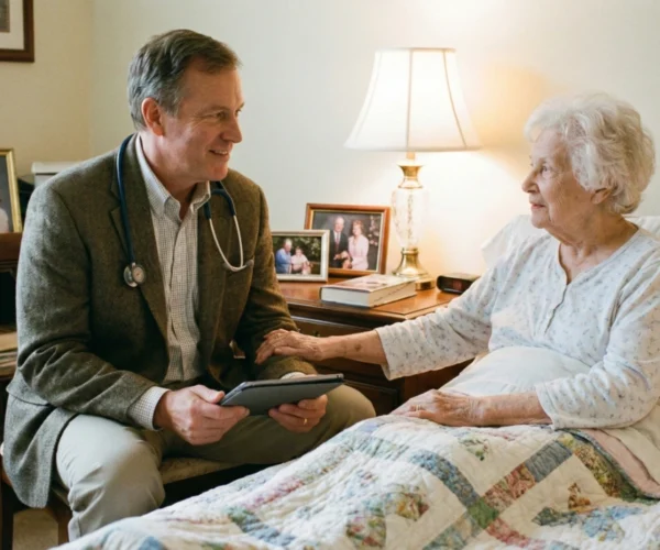 Doctor providing in-home medical visit to an older adult woman as part of personalized care from Blessed Homecare, Inc.