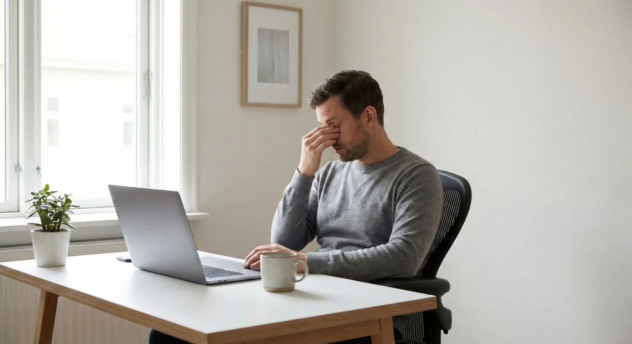 colorectal-cancer-symptoms-fatigue-man-office A medium side-profile shot of a man in his late 30s wearing a grey sweater, sitting at a white minimalist desk and rubbing his eyes in a gesture of fatigue. A silver laptop, a ceramic coffee mug, and a small potted succulent are neatly arranged on the desk. The room is filled with bright, diffused light from a window on the left, highlighting the clean, modern interior. The composition focuses on the subject's expression of exhaustion and stress.